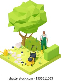 Vector isometric gardener working in garden. Gardening. Gardener in uniform with pruning shears, lawn mower, watering can on lawn with bush and tree