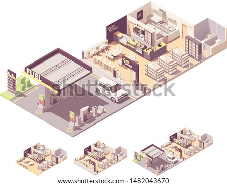 Vector isometric gas filling station interior and exterior. Petrol and diesel fuel dispensers or pumps, convenience store, cafe or restaurant with kitchen, toilets