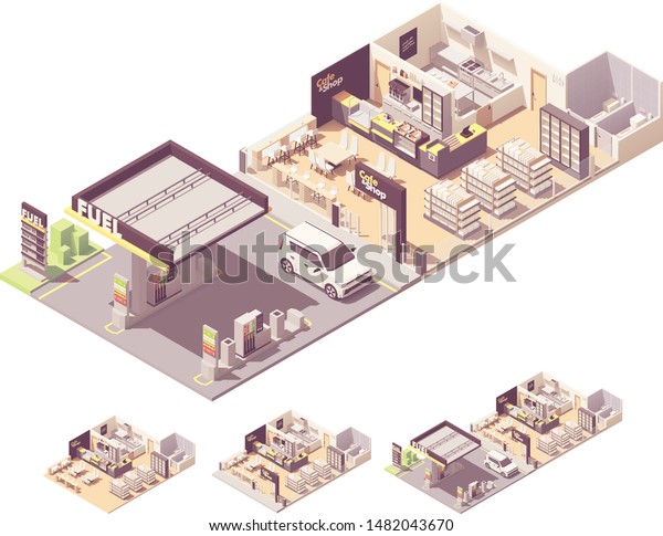 Vector isometric gas\
filling station interior and exterior. Petrol and diesel fuel\
dispensers or pumps, convenience store, cafe or restaurant with\
kitchen, toilets