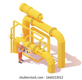 Vector isometric gas or oil production operator opens pipe valve. Yellow oil or gas pipes, manometer, valves, operator in workwear to open or close pipeline valve. Opening or closing pipeline valve
