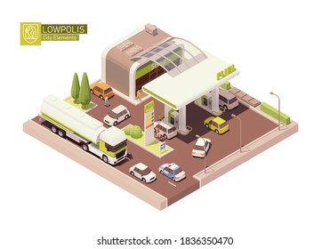 Vector isometric gas station with convenience store. Petrol filling station. Petroleum and diesel fuel dispensers or pumps, cars, small shop, semi-truck with fuel tank trailer