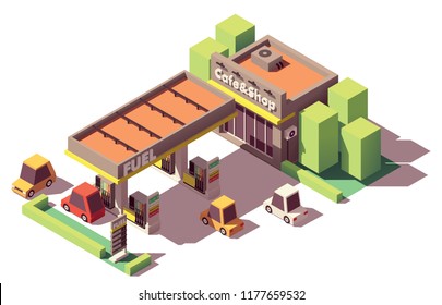 Vector isometric gas station or filling station building with shop and cafe