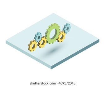 Vector isometric gear mechanism. Settings icon or illustration of technical processes. Isometric design. Repair company logo or teamwork concept.