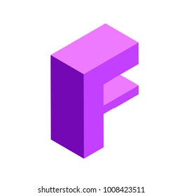 Vector isometric geometric letter f purple colour isolated on white