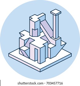 Vector isometric geometrical building in blue color and rounded background