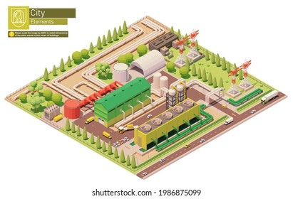 Vector isometric geothermal power station. Geothermal energy generation. Power plant with power lines and pipelines