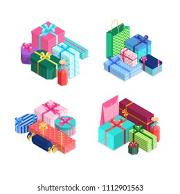 Vector isometric gift boxes piles set of different size with ribbons and bows wrapped in packaging paper. Gift packages in wrapping textured paper with stripes, stars, hearts. 3d celebration presents