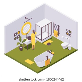 Vector isometric girl brushing teeth in bathroom with a shower, heated towel rail, toilet, bathtub, plumbing fixtures and bathroom accessories for home, hotel or villa.