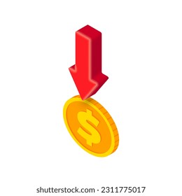 Vector Isometric gold coin and decreasing arrow. 3d Cash, banking, casino, business failure, economic downturn, financial crisis, falling money concept on white background for web, apps