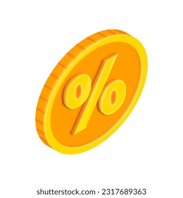 Vector Isometric gold coin with percent sign. Game money credit 3D icon. Inflation, money tax rate symbol. Sale, discount, promotion concept for web, app, advert, games.