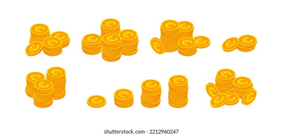 Vector Isometric Gold Coins With Euro Sign Stack Set. 3d Pile Of Golden Money Cash Symbol Collection Isolated On White. Banking, Business, Financial European Currency Concept For Web, App, Infographic