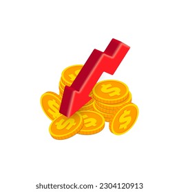 Vector Isometric gold coins stack and decreasing arrow graph. 3d Cash, banking, casino, business failure, economic downturn, financial crisis, falling money concept on white background for web, apps