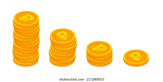 Vector Isometric gold coins stacks like decreasing graph. 3d Cash, banking, casino, business failure, economic downturn, financial crisis, falling money concept on white background for web, apps