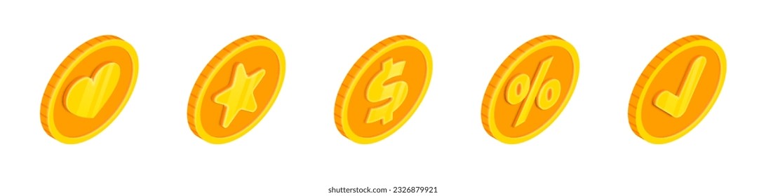 Monedas de oro vectorial Isometric. Moneda con el símbolo del corazón, estrella, dólar, porcentaje y marca de verificación. Icono 3D de moneda de juego. Casino, inversión, colección de símbolos de dinero bancario para web, aplicación, anuncio.