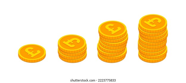 Vector Isometric gold pound coins stacks like income graph. 3d pound sterling Cash, banking, casino, business, financial, British growing money concept on white background for web, apps, design.