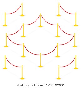 Vector Isometric golden velvet rope barrier set. Isolated white background.