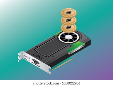 Vector isometric GPU with 3 Ethereum coins floating above the cooling fan.