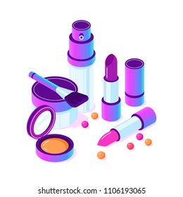 Vector isometric gradient cosmetics accessories set  Different instruments for professional makeup: blush  lipstick  foundation    eye shadow 