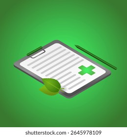 Vector isometric green folder with medical eco cross and leaf