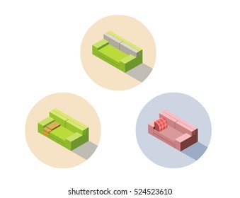 Vector isometric green and pink sofa seat couch, 3d flat interior design element, home constructor object, furniture icon 