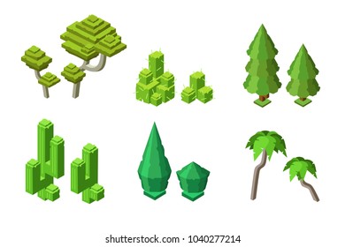 Vector isometric green trees, plants set. Palm, spruce trees, cactus bush, trunk. Forest, park or garden botanical objects, game landscape design, map constructor kit. Isolated background illustration