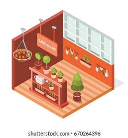 Vector isometric greenhouse for plants. Illustration growing flowers. Work in the garden in the summer and spring. Isometric tools for gardening: watering can, secateurs, spray, flowerpot, trowel.