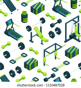 Vector isometric gym objects background or pattern illustration. Equipment training, dumbbell and barbell