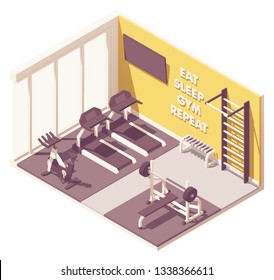 Vector isometric gym room interior cross-section with fitness equipment. Treadmill, exercise cycle or bike, Swedish ladder, weights bench and big windows