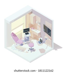 Vector isometric gynecologist office interior. Gynecological examination table, ultrasound machine, doctor chair and other hospital equipment