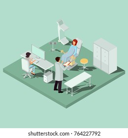 Vector isometric gynecology room with gynecological chair, couch, diagnostic equipment, computer, medical personnel and patient. Concept of early infertility diagnosis, taking care of womens health