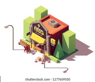 Vector isometric hardware or DIY shop with signboard power tool sale advertising