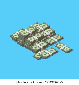 Vector isometric heap of money concept. Big money icon. Hundreds of dollars illustration.