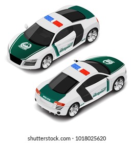 Vector isometric high quality police sport car. Police icon. Translation of text "police" of Dubai.