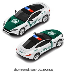 Vector isometric high quality police sport car. Police icon. Translation of text "police" of Dubai.