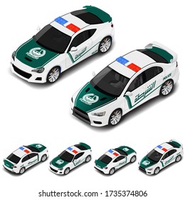 Vector isometric high quality police sport car set. Police icon. Translation of text "police" of Dubai.