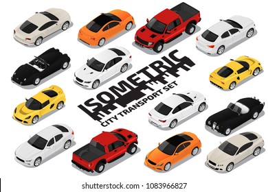 Vector isometric high quality transport set. Car icons.