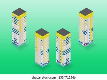 Vector isometric high rise building in urban city. Illustration of аour sides of house on green background.