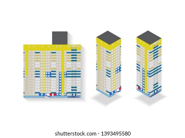 Vector isometric high rise building in urban city. Two sides of house and flat illustration on white background.