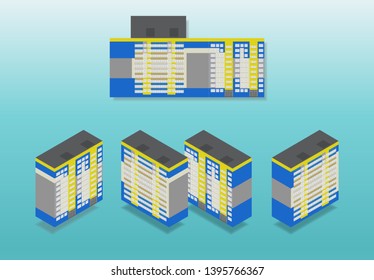 Vector isometric high rise building in urban city. Different sides of house and flat illustration on blue background.