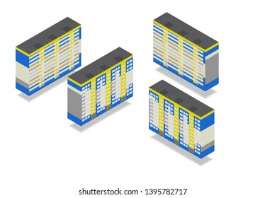 Vector isometric high rise building in urban city. Different sides of house on white background.