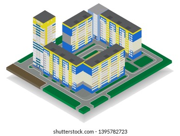 Vector isometric high rise building in urban city. Housing estate isolated on white background. Construction concept.