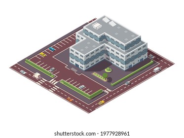Vector isometric high rise building and street elements with place for parking. City or town map construction element. Icon representing multi story building. Houses, homes or offices