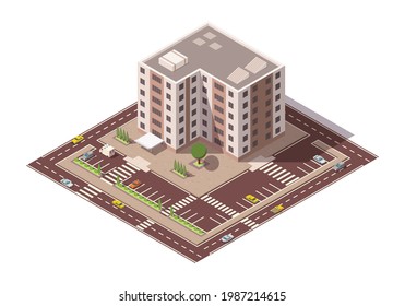Edificio vectorial isométrico de altura y elementos de calle con lugar para estacionar. Elemento de construcción de mapas de ciudad o ciudad. Icono que representa el edificio de varios pisos. Casas, hogares u oficinas