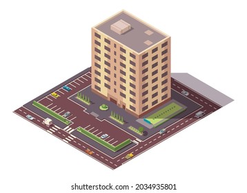 Vector isometric high rise building and street elements with place for parking. City or town map construction element. Icon representing multi story building. Houses, homes or offices