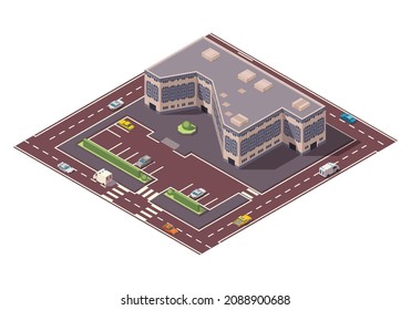Vector Isometric High Rise Building And Street Elements With Place For Parking. City Or Town Map Construction Element. Icon Representing Multi Story Building. Houses, Homes Or Offices