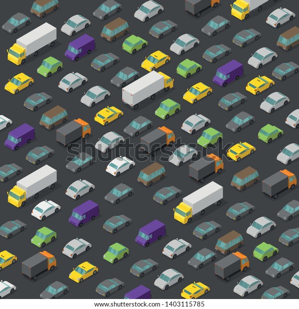 Vector isometric high traffic jam. A lot of cars.\
Transport highway background pattern. Top view of the road and\
multi-colored cars.