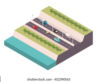 Vector isometric the highway at the river with cars a van with ice cream, ambulance, a sedan, the truck and others for infographics and cards