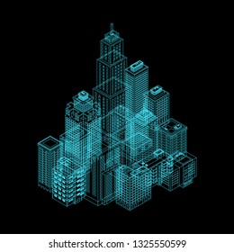 Vector Isometric Holography City. Vector Isometric City Building Icon Isolated on White Background. Private House, Skyscraper, Real Estate, Public Building, Hotel. Illustration Set.