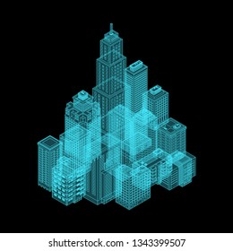 Vector Isometric Holography City. Vector Isometric City Building Icon Isolated on White Background. Private House, Skyscraper, Real Estate, Public Building, Hotel. Illustration Set.