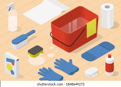 Vector isometric home cleaning illustration. Bucket with water on the floor surrounded by wet sponge, mop pad, soap, spray bottle, brush, rubber gloves, paper towel, cleaning cloth.